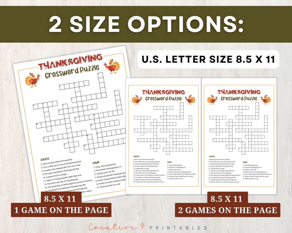 Printable Thanksgiving Crossword Puzzle for Kids and Adults, Crossword ...