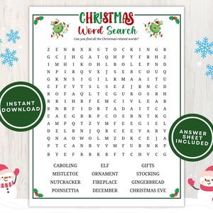 Christmas Word Search Printable PDF Puzzle for Adults and Kids, Wordsearch Puzzle Printable Game with Answers for Holidays, Instant Download
