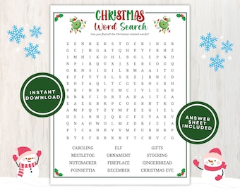 Rompecabezas imprimible en PDF de búsqueda de palabras navideñas para adultos y niños, juego imprimible de búsqueda de palabras con respuestas para las fiestas, descarga instantánea