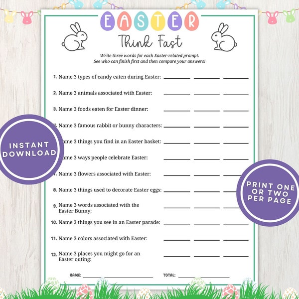 Easter Think Fast Printable Game, Think Quick Icebreaker Activity, Fun for Family Night, Classrooms, and Senior Centers, Instant Download