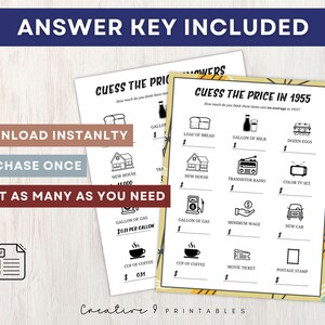 May include: A printable game with a yellow and white background. The game is called "Guess the Price in 1955". The game asks players to guess the price of various items in 1955, such as a loaf of bread, a gallon of milk, a dozen eggs, a new house, a transistor radio, a color TV set, a gallon of gas, minimum wage, a new car, a cup of coffee, a movie ticket, and a postage stamp.