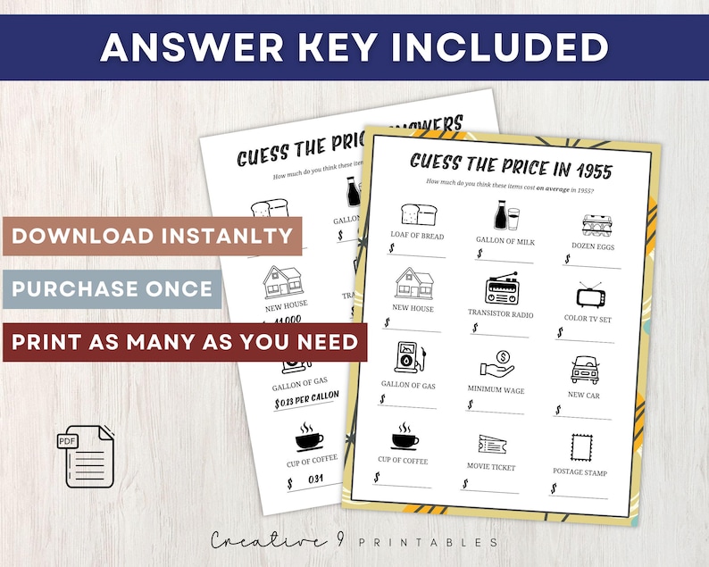 May include: A printable game with a yellow and white background. The game is called "Guess the Price in 1955". The game asks players to guess the price of various items in 1955, such as a loaf of bread, a gallon of milk, a dozen eggs, a new house, a transistor radio, a color TV set, a gallon of gas, minimum wage, a new car, a cup of coffee, a movie ticket, and a postage stamp.
