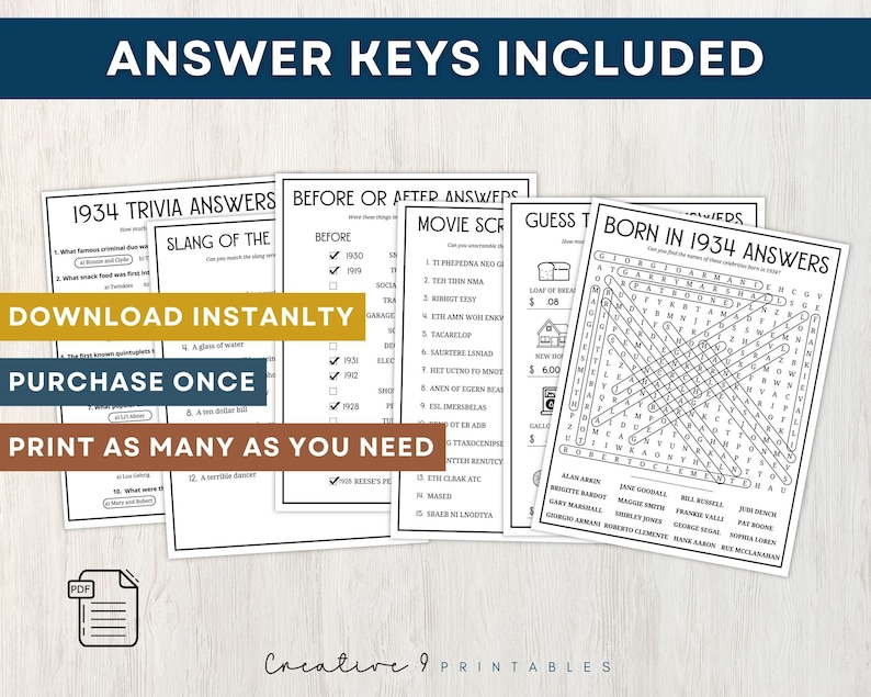 90th Birthday Party Games, Printable Game Bundle With Answer Keys, Born ...