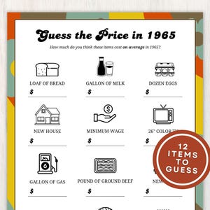 1965 Guess the Price Game, 60th Birthday Party Games, Back in 1965 Trivia Game, 60th Birthday Ideas, 60th Anniversary Game, Instant Download