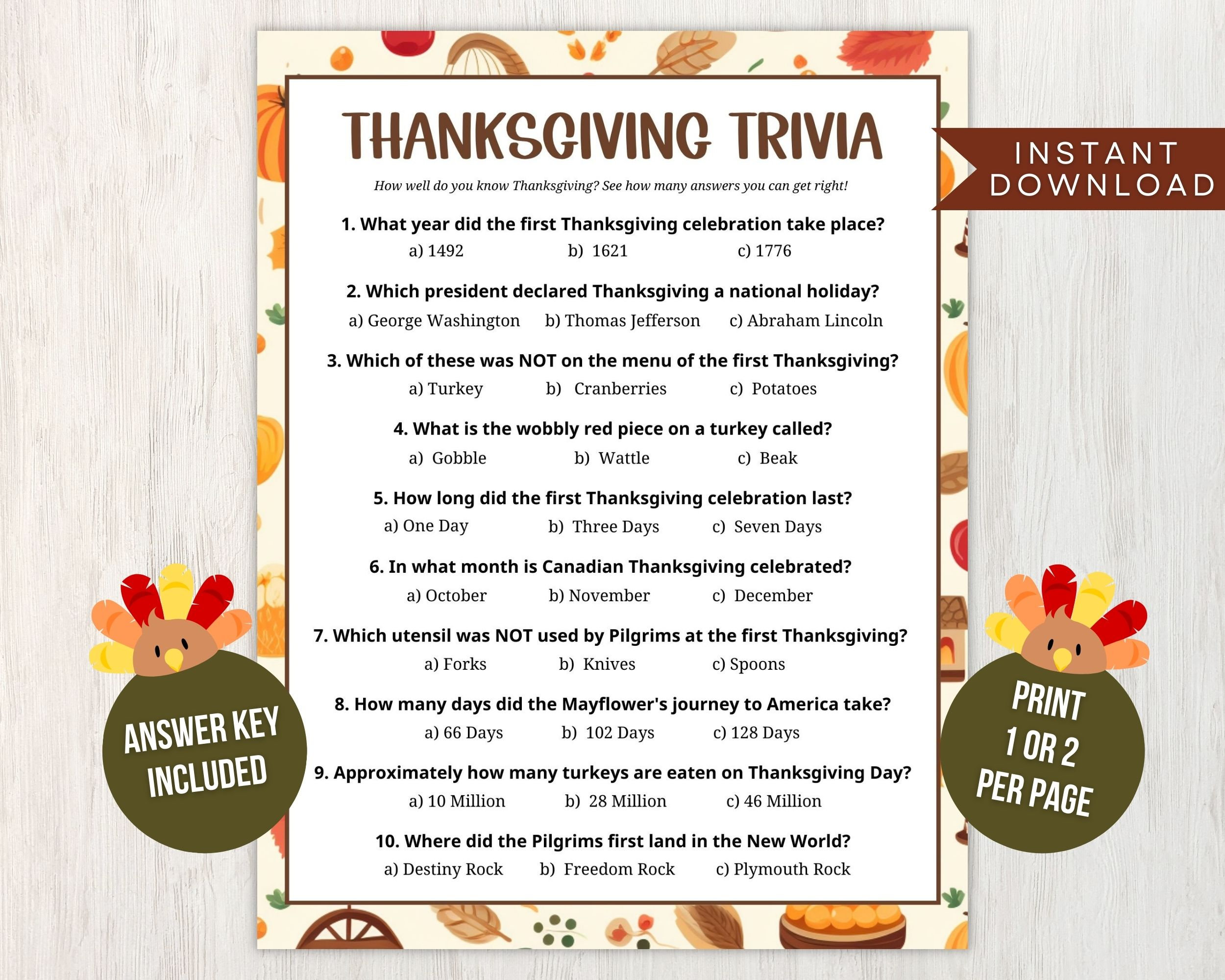 Printable Thanksgiving Trivia Game for Kids and Adults, 10 Thanksgiving ...