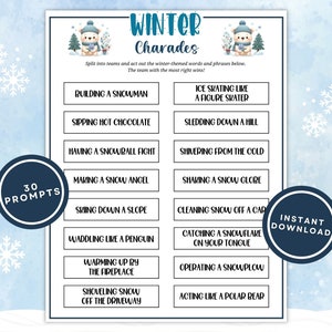 Printable Winter Charades Game for Kids, 30 Prompts with Winter Action Items to Act or Draw Plus Two Blank Cards, Instant Download