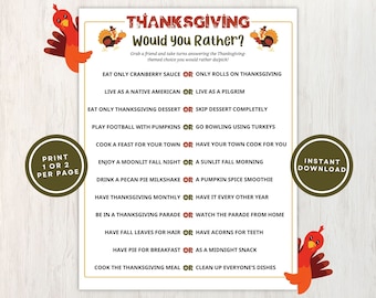 Printable Thanksgiving Would You Rather Game for Kids and Adults, Would You Rather Thanksgiving Gatherings and Classrooms, Instant Download