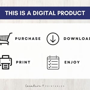 May include: A black and white graphic illustration showing the steps to purchase and download a digital product. The steps are: purchase, download, print, and enjoy.