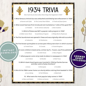 1934 Trivia mit Antworten, druckbares 91er Geburtstag Spiel, 10 lustige Quizfragen über damals im Jahr 1934 für Partygäste zum Spielen, Sofort Download