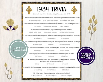 1934 Trivia with Answers, Printable 91st Birthday Game, 10 Fun Quiz Questions About Back in 1934 for Party Guests to Play, Instant Download