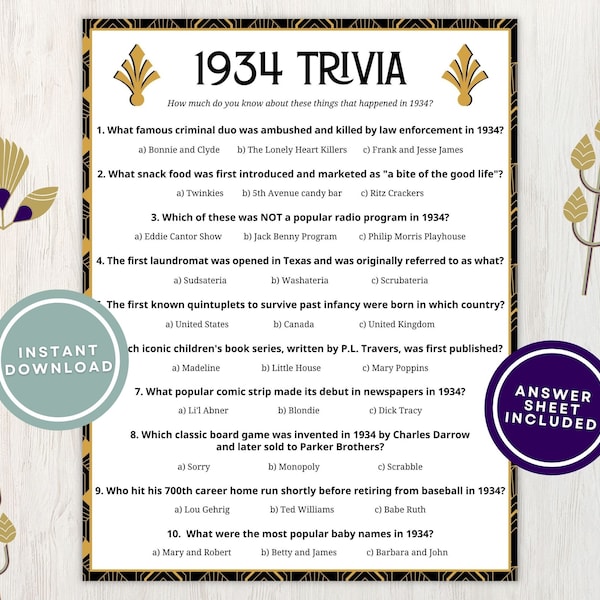 1934 Trivia with Answers, Printable 90th Birthday Game, 10 Fun Quiz Questions About Back in 1934 for Party Guests to Play, Instant Download