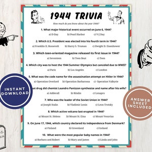 Quiz de 1944 avec réponses, jeu imprimable pour le 81e anniversaire, 10 questions amusantes sur le quiz sur retour en 1944 pour les invités de la fête, téléchargement immédiat