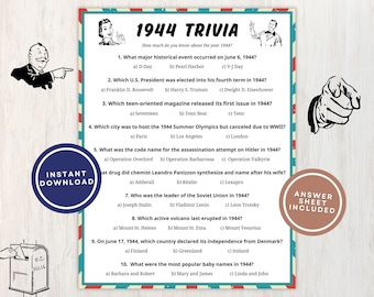 1944 Trivia with Answers, Printable 81st Birthday Game, 10 Fun Quiz Questions About Back in 1944 for Party Guests to Play, Instant Download