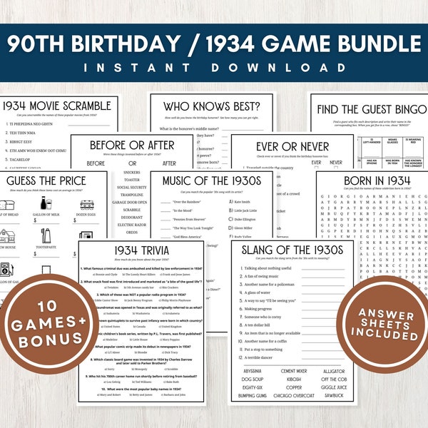 90th Birthday Party Games, Printable Game Bundle with Answer Keys, Born in 1934 Trivia, Bonus Share a Memory Page Included, Instant Download