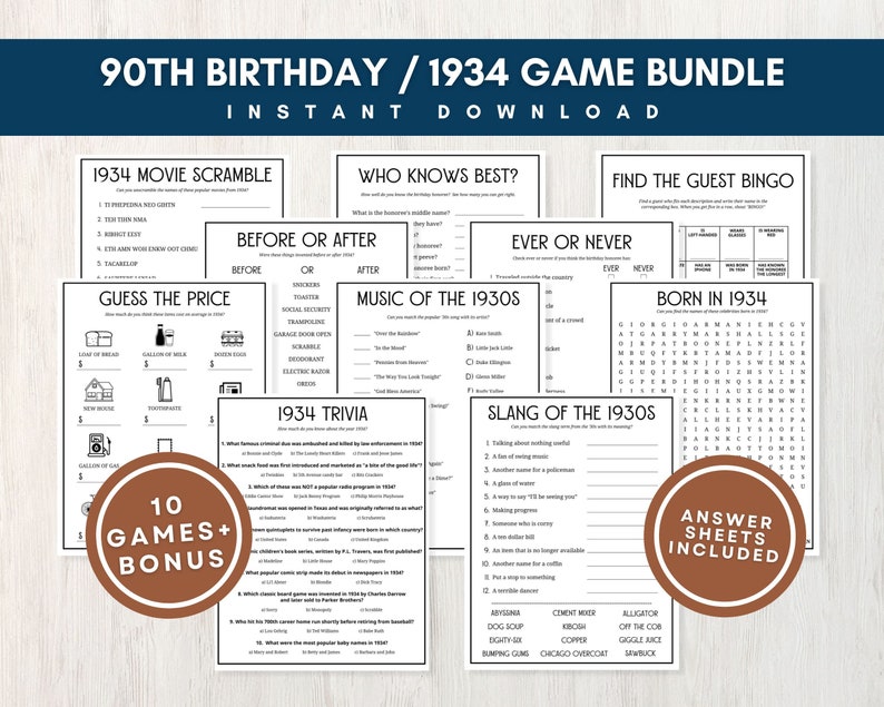 90th Birthday Party Games, Printable Game Bundle With Answer Keys, Born ...