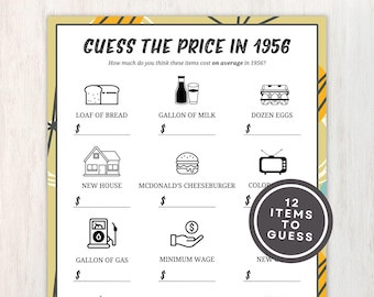 1956 Guess the Price Printable Game, 70th Birthday Party Ideas, Prices Guessing Game, Instant Download