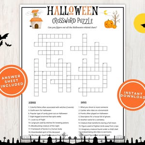 May include: A printable Halloween crossword puzzle with an answer sheet included. The puzzle features a spooky house, a pumpkin, and bats. The crossword puzzle has 18 clues across and 16 clues down.
