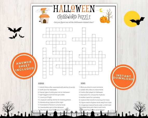 Halloween Crossword Puzzle for Kids and Adults, Fun Printable Halloween Word Game Great for Parties, Teens, and Classrooms, Instant Download