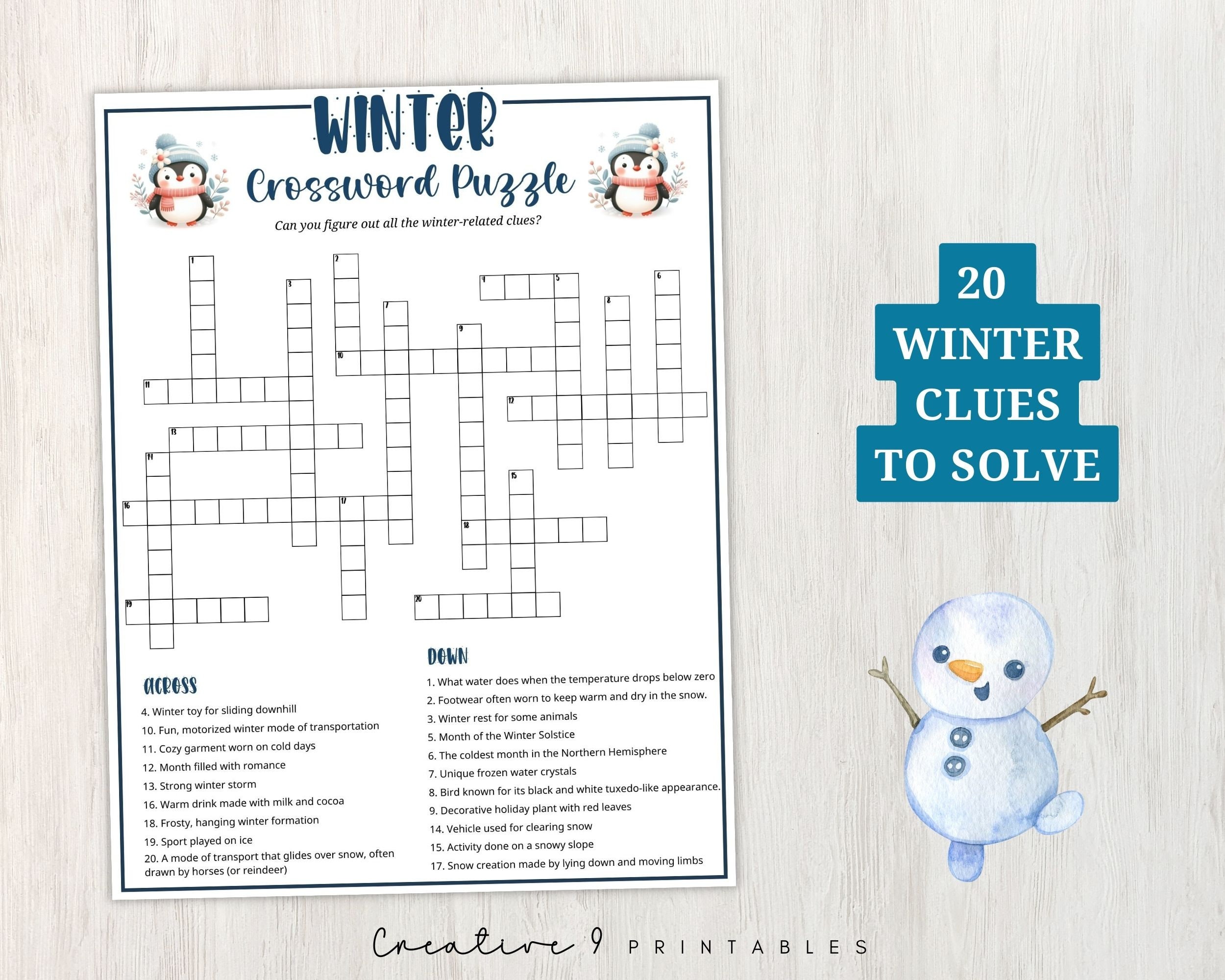 Printable Winter Crossword Puzzle for Kids and Adults, Fun Winter Word