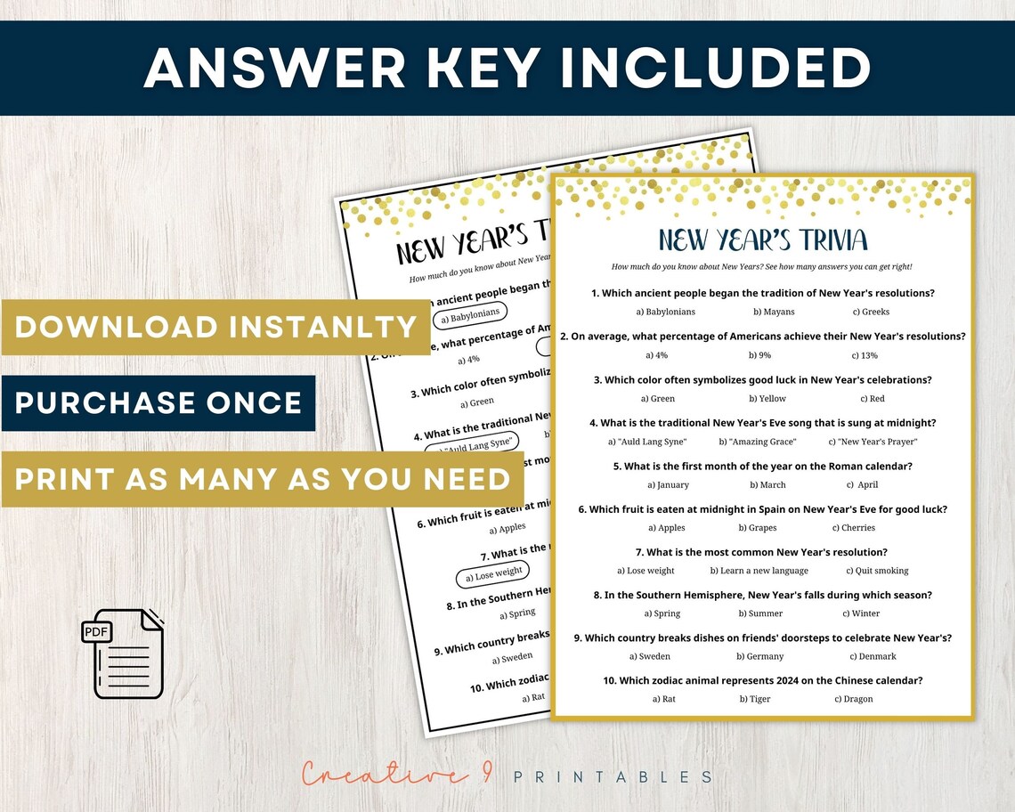 Printable New Year Trivia Game for Adults and Kids, 10 New Year's Trivia Questions With Answers ...
