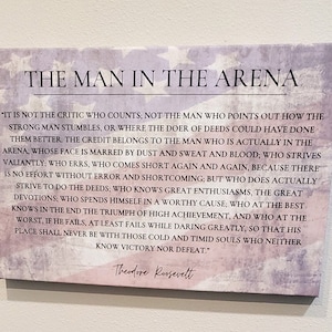 The Man In The Arena Canvas, Inspirational Sign, Theodore Roosevelt Quote, American Flag, Living Room Décor, Rustic Farmhouse Wall Art