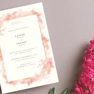 Pink Cherry Blossom Muslim Wedding Invitation | Pink Watercolor Islamic Wedding Invitation Editable Template | Elegant Design