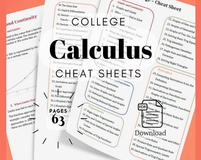 College Calculus Math College Calculus Cheat Sheet - Formulas & Equations Reference PDF - Etsy