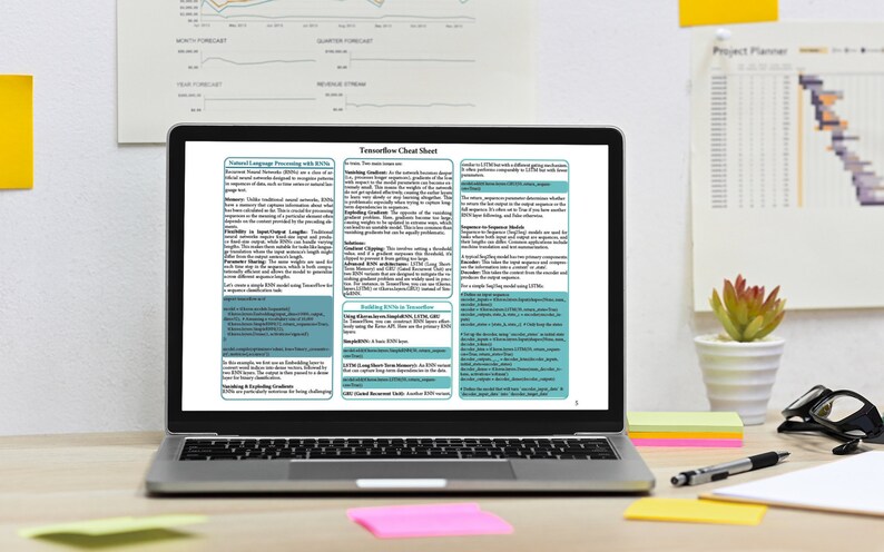 Op de afbeelding: Een laptopscherm dat een "TensorFlow Cheat Sheet" weergeeft met informatie over natuurlijke taalverwerking, waaronder onderwerpen als "TensorFlow met RNNs", "Data lezen in TensorFlow" en "Sequentie-naar-sequentie-modellen".