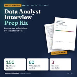 Data Analyst Interview Prep Kit | 150 SQL Questions, 60 Python Pandas Exercises, 3 Take-Home Case Studies, Presentation Template & Tracker