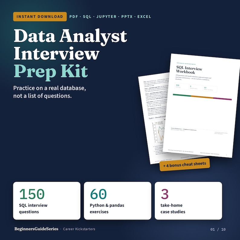 Data Analyst Interview Prep Kit | 150 SQL Questions, 60 Python Pandas Exercises, 3 Take-Home Case Studies, Presentation Template & Tracker Bild 1