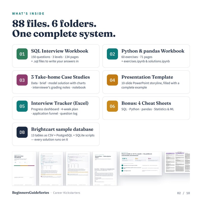 Data Analyst Interview Prep Kit | 150 SQL Questions, 60 Python Pandas Exercises, 3 Take-Home Case Studies, Presentation Template & Tracker Bild 2