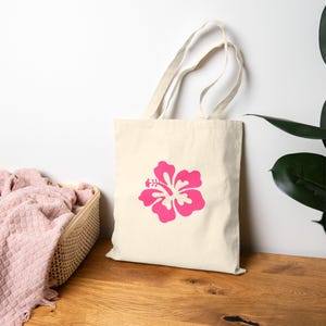 Hibiscus Flower Tote Bag, Floral Canvas Market Tote, Beach Bag, Eco-Friendly Shopper, Hot Pink Hibiscus Print, Summer Shoulder Bag