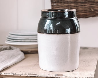 Two Tone Chocolate Brown and Beige Salt Glazed Stoneware Crock, Canning Crock, Farmhouse Kitchen Storage | Stems Vase | Transitional Decor