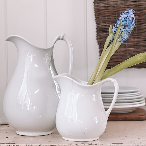 Vintage Ironstone Pitcher | Plain White Ironstone Pitcher | Water Jug | Flower Vase | Farmhouse + Cottage + Country + Transitional Decor