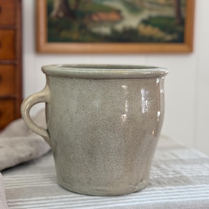 Antique Salt Glazed Tan Stoneware Crock | Tapered Handled Pot with Tan Glaze