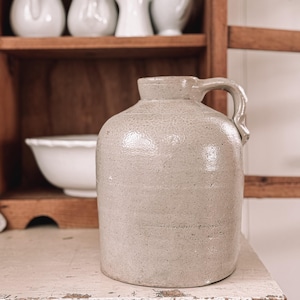 Early American Tan Salt Glazed Stoneware Crock Jug with Handle | Farmhouse Decor | Stem Holder | Large Crock | Antique Stoneware Crock