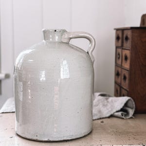 Large Early American Light Tan Salt Glazed Stoneware Crock Jug with Handle | Farmhouse Decor | Stem Holder | Antique Stoneware Crock