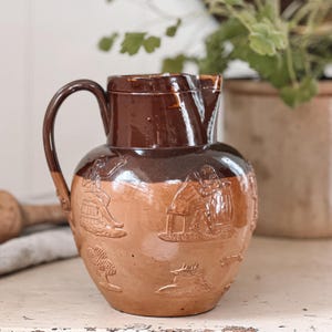 Antique Doulton Lambeth Pottery Stoneware Relief Pitcher | Water Jug | English Stoneware Jug | Cottage, Transitional, Farmhouse Decor
