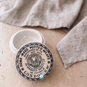 Home-Made Potted Meats London S.W. Army and Navy Co-Operative Society Lidded Jar | Antique English Advertising Lidded Pot | Ironstone Pot
