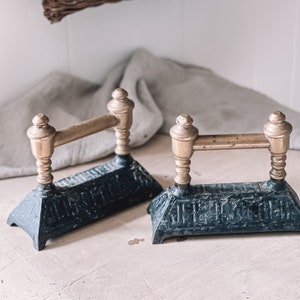 Antique Brass and Cast Iron Fireplace Tool Rests, Set of 2, Door Stops, English Cottage Decor, Old Farmhouse Style, Brass Decor