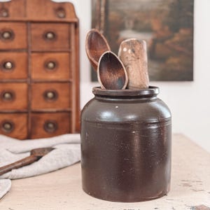 Antique Brown Salt Glazed Stoneware Crock, Canning Crock, Farmhouse Kitchen Storage Crock | Utensil Holder | Pottery Vase | Farmhouse Decor