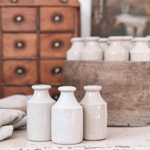 CHOICE Antique English Tan Glazed Stoneware Pottery Bottles | Stoneware Ink Bottles | Bud Vases | English Cottage, Farmhouse, Transitional
