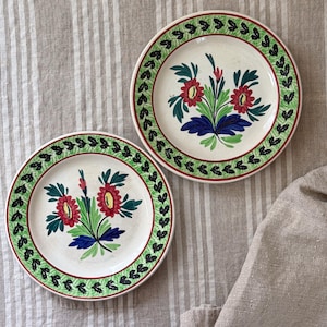 Pair of Antique Auld Heatherware Handpainted Plates | Pink Floral with Green & Black Rim | Scotland