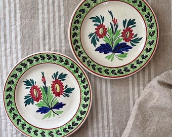 Pair of Antique Auld Heatherware Handpainted Plates | Pink Floral with Green & Black Rim | Scotland