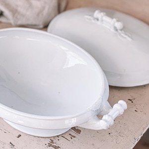 Ironstone Tureen | Mended Antique English Ironstone Lidded Tureen | Vegetable Dish | White Ironstone Serveware | English Farmhouse, Cottage