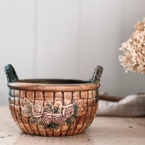 Vintage Weller Flemish Pottery Basket Planter | Floral Glazed Stoneware