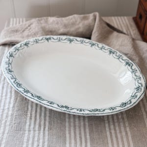 Antique Green Transferware Oval Platter | Large English Serving Platter