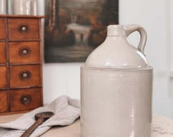 Antique Tan Salt Glazed Stoneware Crock Jug | Farmhouse Decor