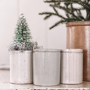 Pode incluir: Três potes antigos de grés em tons de branco e cinza. Um pote contém uma pequena árvore de Natal verde de escova de garrafa. Um pote marrom maior e galhos de sempre-vivas estão no fundo. Os potes têm uma estética rústica e de fazenda.