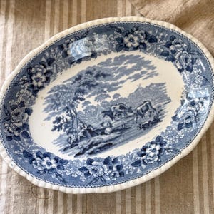 Antique Blue Transferware Oval Ironstone Platter | ADAMS Cattle Scenery Ironstone c. 1893–1917